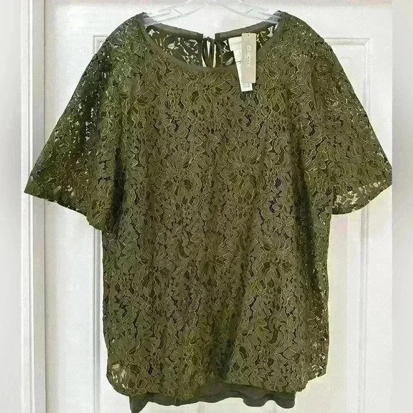 Chicos Olive Green Embroidered Semi Sheer Lace Top With Matching Camisole Size 3 - Picture 1 of 7